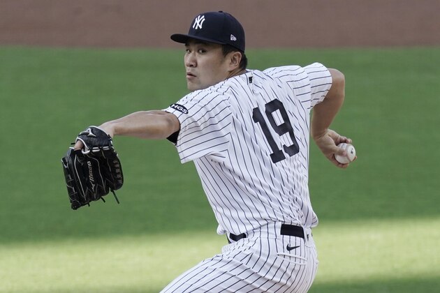 New York Yankees starting pitcher Masahiro Tanaka (19) throws against the Tampa Bay Rays during the first inning in Game 3 of a baseball American League Division Series, Wednesday, Oct. 7, 2020, in San Diego. (AP Photo/Jae C. Hong)