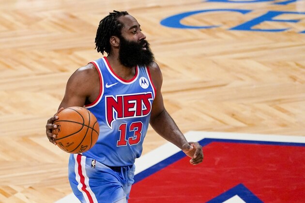 Brooklyn Nets guard James Harden handles the ball during the first half of an NBA basketball game against the Orlando Magic, Saturday, Jan. 16, 2021, in New York. (AP Photo/Mary Altaffer)