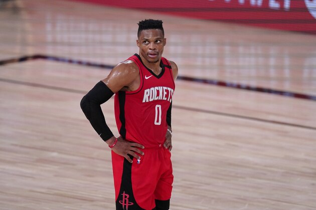 Houston Rockets' Russell Westbrook (0) looks up during the second half of an NBA conference semifinal playoff basketball game against the Los Angeles Lakers Thursday, Sept. 10, 2020, in Lake Buena Vista, Fla. The Lakers won 110-100. (AP Photo/Mark J. Terrill)