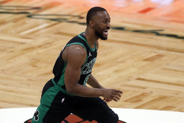 Boston Celtics' Kemba Walker plays against the New York Knicks during the second half of an NBA basketball game, Sunday, Jan. 17, 2021, in Boston. (AP Photo/Michael Dwyer)
