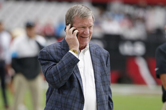 Carolina Panthers' General Manager Marty Hurney during an NFL football game against the Arizona Cardinals, Sunday, Sept. 22, 2019, in Glendale, Ariz. (AP Photo/Rick Scuteri)