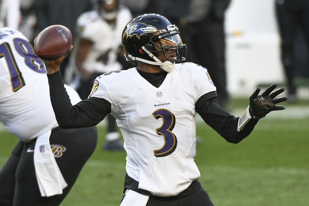 Baltimore Ravens quarterback Robert Griffin III (3) passes against the Pittsburgh Steelers during the first half of an NFL football game, Wednesday, Dec. 2, 2020, in Pittsburgh. (AP Photo/Don Wright)
