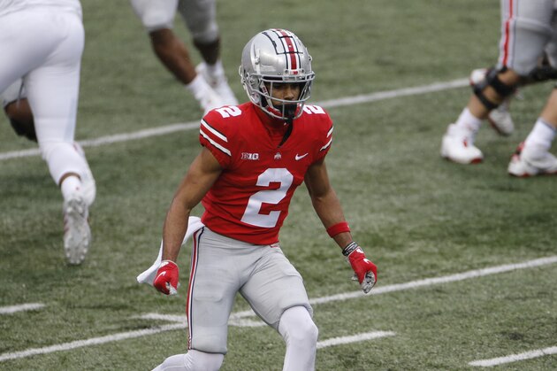 Ohio State receiver Chris Olave plays against Indiana during an NCAA college football game Saturday, Nov. 21, 2020, in Columbus, Ohio. (AP Photo/Jay LaPrete)