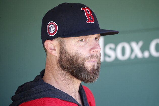 Boston Red Sox player Dustin Pedroia looks out from the dugout before the start of a baseball game against the Cleveland Indians, Monday, May 27, 2019, in Boston. (AP Photo/Mary Schwalm)
