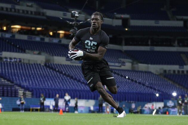 Florida Atlantic defensive back James Pierre runs a drill at the NFL football scouting combine in Indianapolis, Sunday, March 1, 2020. (AP Photo/Michael Conroy)
