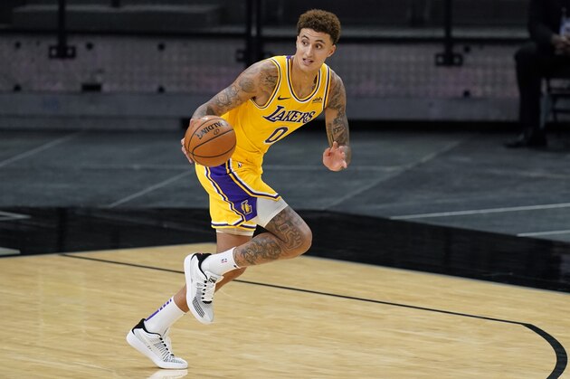 Los Angeles Lakers forward Kyle Kuzma (0) during the second half of an NBA basketball game against the San Antonio Spurs in San Antonio, Wednesday, Dec. 30, 2020. (AP Photo/Eric Gay)