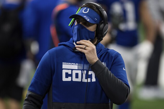 Indianapolis Colts offensive coordinator Nick Sirianni walks down the sidelines during an NFL football game against the Jacksonville Jaguars on Sunday, Jan. 3, 2021, in Indianapolis. (AP Photo/Zach Bolinger)