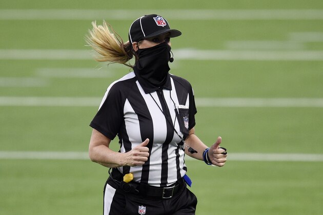 Down Judge Sarah Thomas during the second half of an NFL football game between the Los Angeles Chargers and the Denver Broncos Sunday, Dec. 27, 2020, in Inglewood, Calif. (AP Photo/Kelvin Kuo)