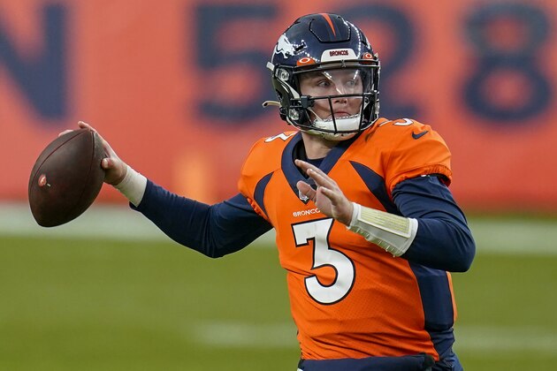 Denver Broncos quarterback Drew Lock (3) passes against the Las Vegas Raiders during an NFL football game, Sunday, Jan. 3, 2021, in Denver. (AP Photo/Jack Dempsey)