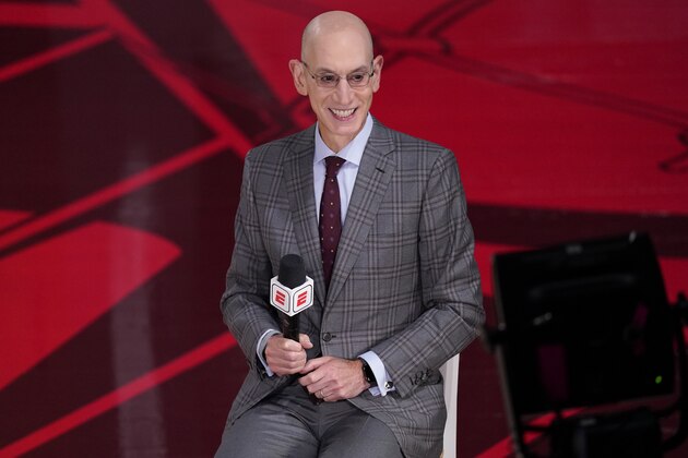 NBA Commissioner Adam Silver does an interview before Game 3 of basketball's NBA Finals, Sunday, Oct. 4, 2020, in Lake Buena Vista, Fla. (AP Photo/Mark J. Terrill)