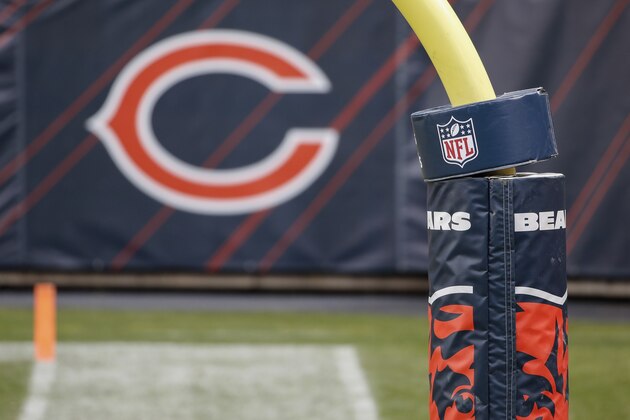 A Chicago Bears banner with logo is wrapped around the goal post before an NFL football game between the Chicago Bears and Houston Texans, Sunday, Dec. 13, 2020, in Chicago. (AP Photo/Kamil Krzaczynski)
