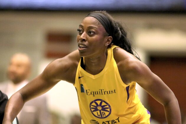 Los Angeles Sparks Chiney Ogwumike #13 in action against the New York Liberty during a WNBA basketball game, Saturday, July 20, 2019, in White Plains, N.Y. The Liberty won the game 83-78. (AP Photo/Gregory Payan)