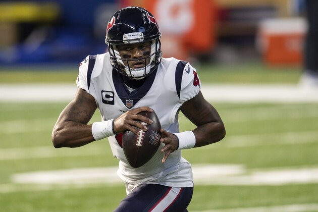 Houston Texans quarterback Deshaun Watson (4) scrambles downfield during an NFL football game against the Indianapolis Colts on Sunday, Dec. 20, 2020, in Indianapolis. (AP Photo/Zach Bolinger)