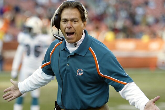 FILE - Miami Dolphins coach Nick Saban complains about a call in the fourth quarter of the Dolphins' 22-0 loss to the Cleveland Browns in Cleveland, in this Sunday, Nov. 20, 2005, file photo. Saban, who has won six national championships at Alabama, went 15-17 in two seasons with the Miami Dolphins. (AP Photo/Amy Sancetta, File)