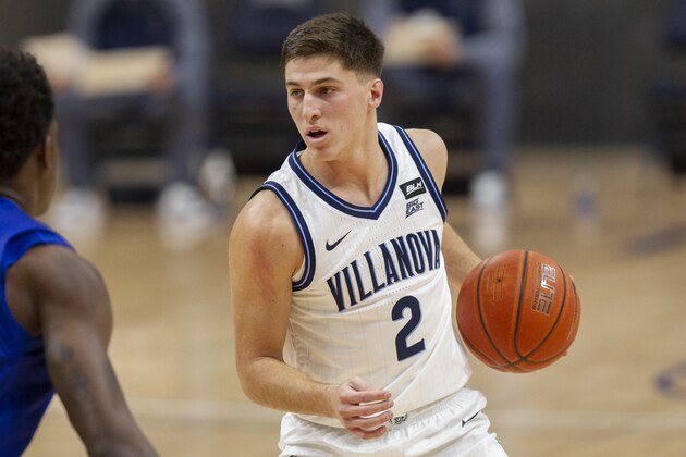 Villanova guard Collin Gillespie (2) in action during an NCAA college basketball game against Seton Hall, Tuesday, Jan. 19, 2021, in Villanova, Pa. (AP Photo/Laurence Kesterson) Villanova guard Collin Gillespie (2) in action during an NCAA college basketball game against Seton Hall, Tuesday, Jan. 19, 2021, in Villanova, Pa. (AP Photo/Laurence Kesterson)