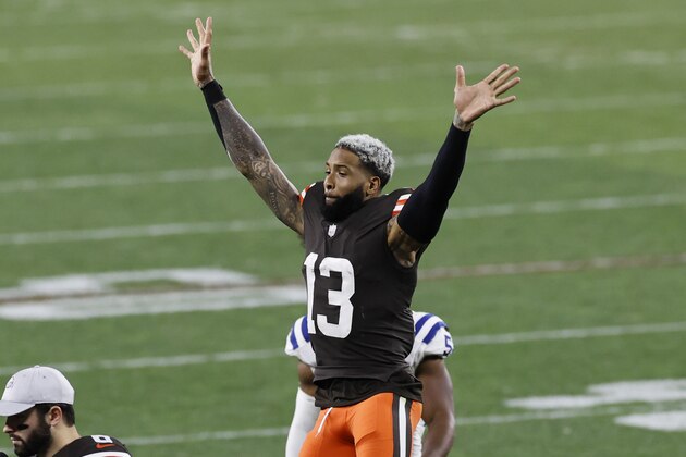 Cleveland Browns wide receiver Odell Beckham Jr. (13) celebrates after the Browns defeated the Indianapolis Colts 32-23 during an NFL football game, Sunday, Oct. 11, 2020, in Cleveland. (AP Photo/Ron Schwane)