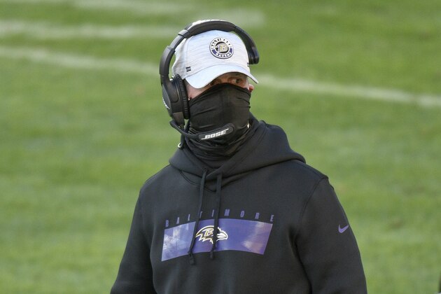 Baltimore Ravens head coach John Harbaugh on the sideline before the team plays in an NFL football game against the Pittsburgh Steelers, Wednesday, Dec. 2, 2020, in Pittsburgh. (AP Photo/Don Wright)