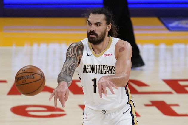 New Orleans Pelicans center Steven Adams passes the ball during the third quarter of an NBA basketball game against the Los Angeles Lakers Friday, Jan. 15, 2021, in Los Angeles. (AP Photo/Ashley Landis)