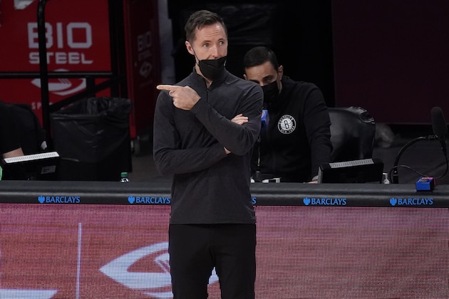 Brooklyn Nets head coach Steve Nash reacts during the first half of an NBA basketball game against the Orlando Magic, Saturday, Jan. 16, 2021, in New York. (AP Photo/Mary Altaffer)