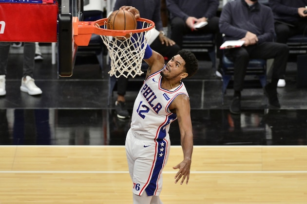 Philadelphia 76ers forward Tobias Harris dunks during the first half of the team's NBA basketball game against the Memphis Grizzlies on Saturday, Jan. 16, 2021, in Memphis, Tenn. (AP Photo/Brandon Dill)