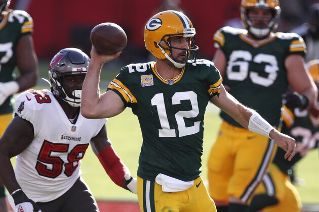 Green Bay Packers quarterback Aaron Rodgers (12) throws a pass against the Tampa Bay Buccaneers during an NFL football game Sunday, Oct. 18, 2020, in Tampa, Fla. (Jeff Haynes/AP Images for Panini)