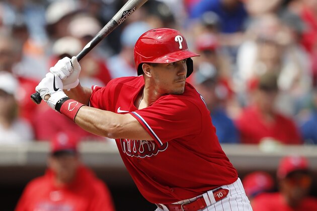 Philadelphia Phillies' J.T. Realmuto bats during a spring training baseball game, Monday, March 9, 2020, in Clearwater, Fla. (AP Photo/Carlos Osorio)