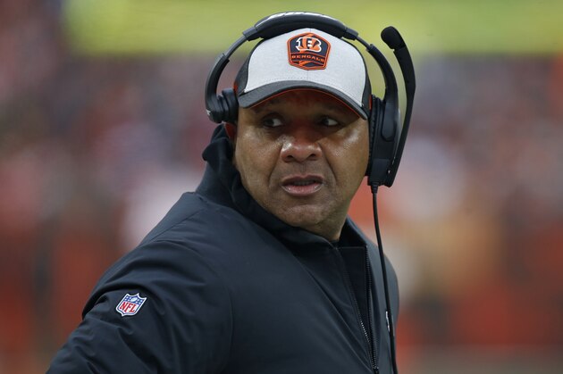 Cincinnati Bengals special assistant to the head coach Hue Jackson watches during the second half of an NFL football game against the Cleveland Browns, Sunday, Dec. 23, 2018, in Cleveland. (AP Photo/Ron Schwane)