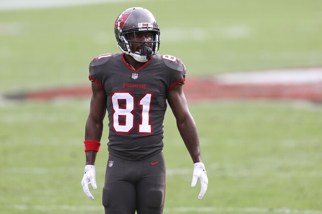 Tampa Bay Buccaneers wide receiver Antonio Brown (81) during the first half of an NFL football game against the Atlanta Falcons Sunday, Jan. 3, 2021, in Tampa, Fla. (AP Photo/Mark LoMoglio)