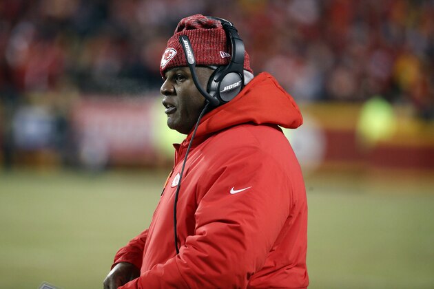 Kansas City Chiefs offensive coordinator Eric Bieniemy during the second half of the AFC Championship NFL football game, Sunday, Jan. 20, 2019, in Kansas City, Mo. (AP Photo/Charlie Riedel)