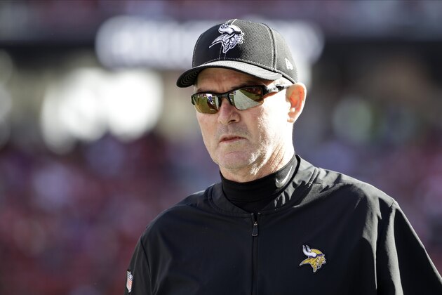 FILE - In this Jan. 11, 2020, file photo, Minnesota Vikings head coach Mike Zimmer walks on the field before an NFL divisional playoff football game against the San Francisco 49ers in Santa Clara, Calif. With a new offensive coordinator this season in 58-year-old Gary Kubiak, Zimmer, 64, has renewed energy for the job of trying to take the Vikings to that Super Bowl the franchise has never won.  (AP Photo/Marcio Jose Sanchez, File)