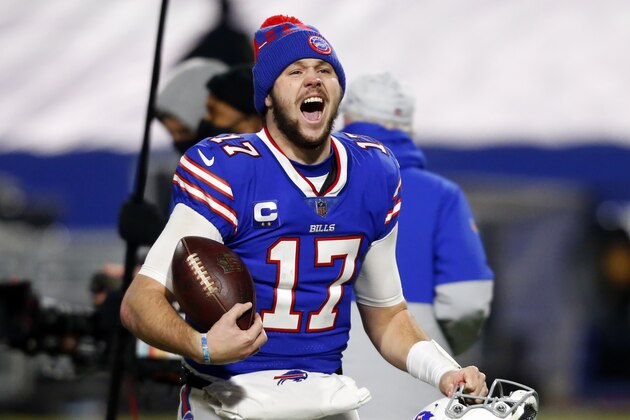 Buffalo Bills quarterback Josh Allen (17) celebrates after an NFL divisional round football game against the Baltimore Ravens Saturday, Jan. 16, 2021, in Orchard Park, N.Y. The Bills won 17-3. (AP Photo/Jeffrey T. Barnes)