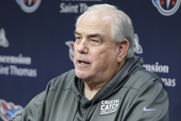 Tennessee Titans defensive coordinator Dean Pees talks about his decision to retire from football Monday, Jan. 20, 2020, in Nashville, Tenn. Pees just finished his second season with the Titans as defensive coordinator. (AP Photo/Mark Humphrey)