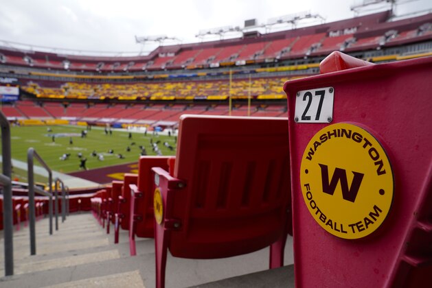FILE - In this Sunday, Sept. 13, 2020, file photo, seats at Fedex Field display the Washington Football Team logo during pregame warmups of an NFL football game between Washington Football Team and Philadelphia Eagles,  in Landover, Md. The Washington Football Team will allow only friends and family in attendance at FedEx Field on Sunday, Oct. 25, against the Dallas Cowboys, even after Maryland Gov. Larry Hogan allowed teams to fill outdoor stadiums to 10% capacity. A team spokeswoman said there would be no change from Washingtonâ€™s previous arrangement to not sell tickets to fans for this game at the stadium in Landover, Maryland. At 10% capacity, roughly 8,000 fans would be allowed, something that remains possible later this season. (AP Photo/Susan Walsh, File)