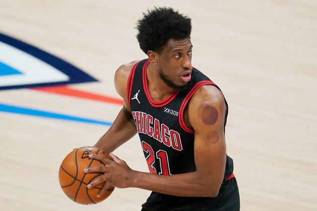 Chicago Bulls forward Thaddeus Young (21) during an NBA basketball game against the Oklahoma City Thunder, Friday, Jan. 15, 2021, in Oklahoma City. (AP Photo/Sue Ogrocki)