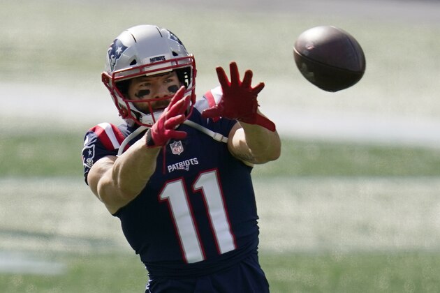 New England Patriots wide receiver Julian Edelman warms up before an NFL football game against the Denver Broncos, Sunday, Oct. 18, 2020, in Foxborough, Mass. (AP Photo/Charles Krupa)
