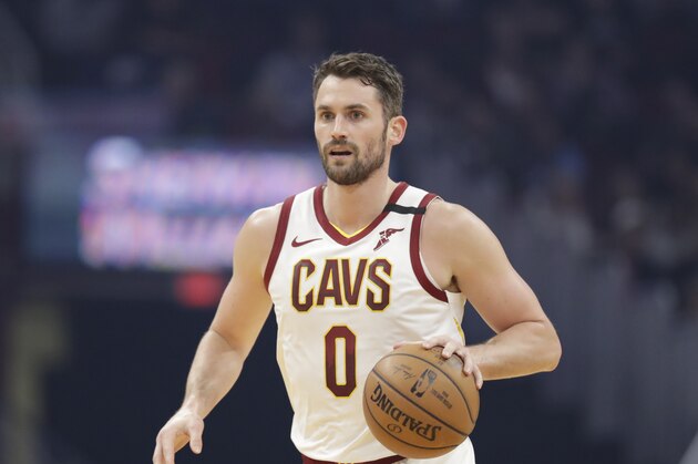Cleveland Cavaliers' Kevin Love drives against the Miami Heat in the first half of an NBA basketball game, Monday, Feb. 24, 2020, in Cleveland. (AP Photo/Tony Dejak)