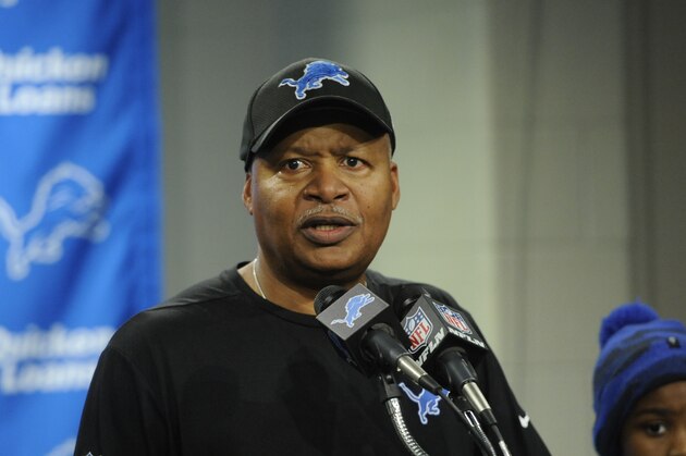 Detroit Lions head coach Jim Caldwell addresses the media after an NFL football game against the Green Bay Packers, Sunday, Dec. 31, 2017, in Detroit. (AP Photo/Jose Juarez)