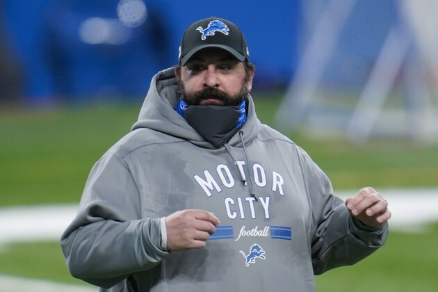 Detroit Lions head coach Matt Patricia watches during pregame of an NFL football game, Thursday, Nov. 26, 2020, in Detroit. (AP Photo/Paul Sancya)