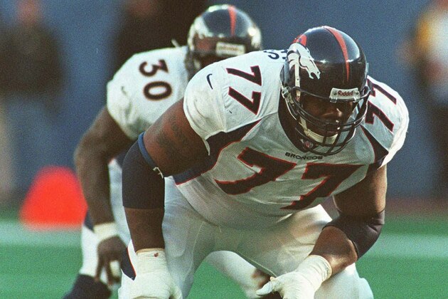 Denver Broncos offensive tackle Tony Jones lines up against the Pittsburgh Steelers during the AFC Championship in Pittsburgh Sunday Jan. 11, 1998. (AP photo/Chuck Burton)