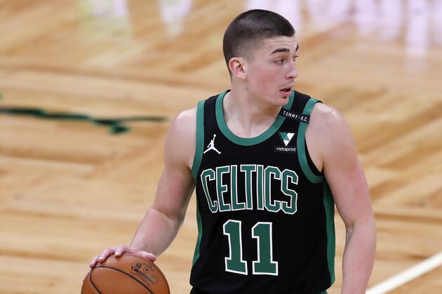 Boston Celtics' Payton Pritchard plays against the New York Knicks during the second half of an NBA basketball game, Sunday, Jan. 17, 2021, in Boston. (AP Photo/Michael Dwyer)
