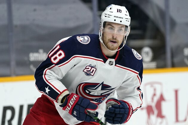 Columbus Blue Jackets center Pierre-Luc Dubois (18) plays against the Nashville Predators in an NHL hockey game Saturday, Jan. 16, 2021, in Nashville, Tenn. (AP Photo/Mark Humphrey)