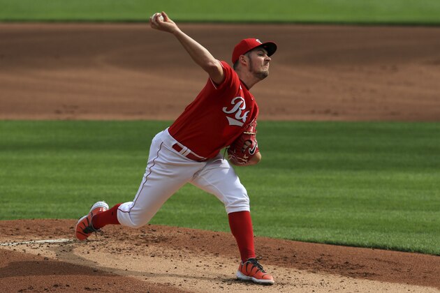 Cincinnati Reds' Trevor Bauer throws in the first inning during a baseball game against the Pittsburgh Pirates in Cincinnati, Monday, Sept. 14, 2020. (AP Photo/Aaron Doster)