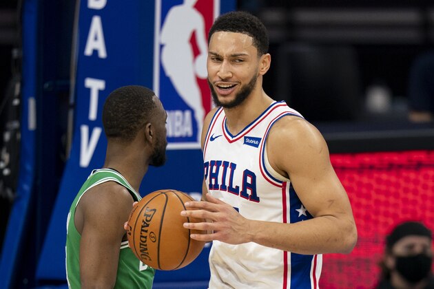 Philadelphia 76ers guard Ben Simmons reacts to the foul called against him during the second half of the team's NBA basketball game against the Boston Celtics, Wednesday, Jan. 20, 2021, in Philadelphia. (AP Photo/Chris Szagola)