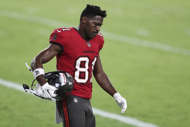 Tampa Bay Buccaneers wide receiver Antonio Brown (81) leaves the field during the first half of an NFL football game against the New Orleans Saints Sunday, Nov. 8, 2020, in Tampa, Fla. (AP Photo/Mark LoMoglio)