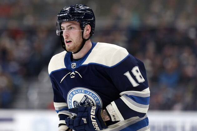 Columbus Blue Jackets forward Pierre-Luc Dubois is seen against the Tampa Bay Lightning during an NHL hockey game in Columbus, Ohio, Monday, Feb. 10, 2020. The Lightning won 2-1 in overtime. (AP Photo/Paul Vernon)