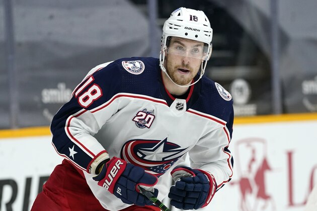 Columbus Blue Jackets center Pierre-Luc Dubois (18) plays against the Nashville Predators in an NHL hockey game Saturday, Jan. 16, 2021, in Nashville, Tenn. (AP Photo/Mark Humphrey)
