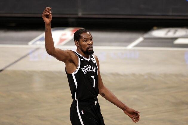 Brooklyn Nets forward Kevin Durant (7) in reacts during the first half of an NBA basketball game against the Atlanta Hawks, Friday, Jan. 1, 2021, in New York. (AP Photo/Adam Hunger)