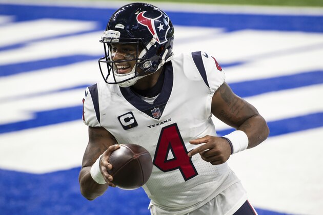 Houston Texans quarterback Deshaun Watson (4) celebrates a touchdown during an NFL football game against the Indianapolis Colts on Sunday, Dec. 20, 2020, in Indianapolis. (AP Photo/Zach Bolinger)