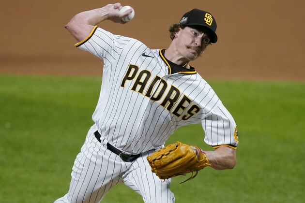 San Diego Padres' Garrett Richards delivers against the Los Angeles Dodgers during the eighth inning in Game 3 of a baseball National League Division Series Thursday, Oct. 8, 2020, in Arlington, Texas. (AP Photo/Tony Gutierrez)