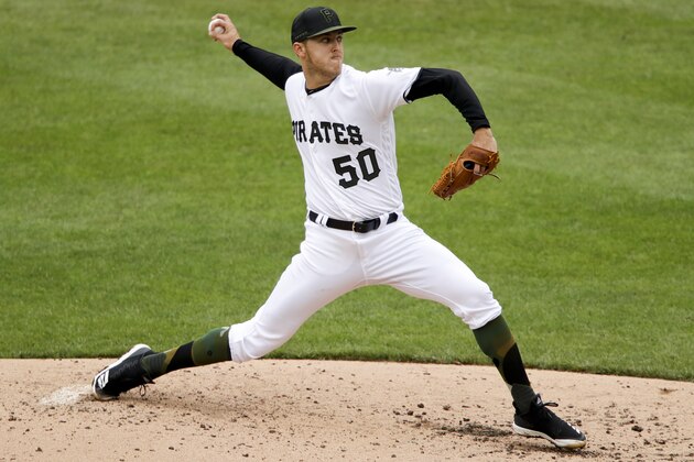 Pittsburgh Pirates starting pitcher Jameson Taillon delivers during the fourth inning of a baseball game against the Arizona Diamondbacks in Pittsburgh, Thursday, April 25, 2019. (AP Photo/Gene J. Puskar)